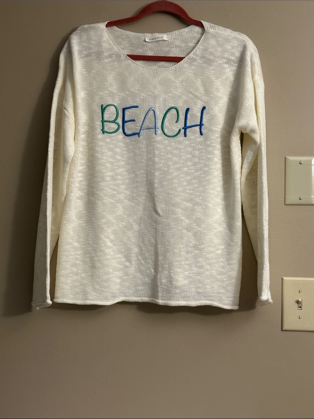 Women’s Cream 'Beach' Embroidered Lightweight Crew Sweater